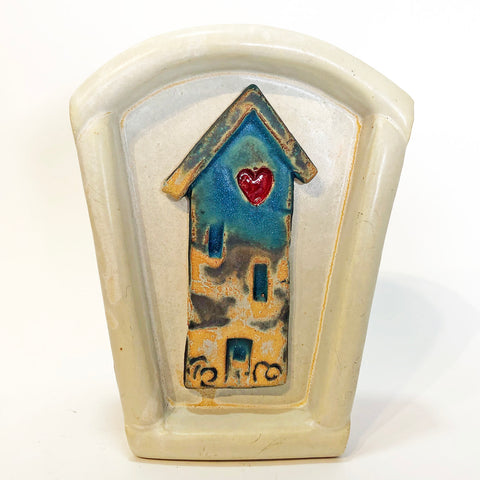 Teal House w/ Red Heart Clay Wall Tile