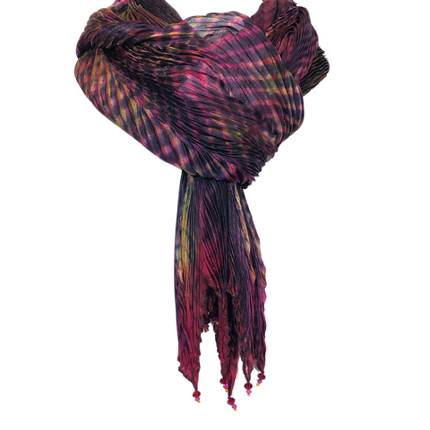 Maroon/Green/\Gray Shibori Pleated Scarf