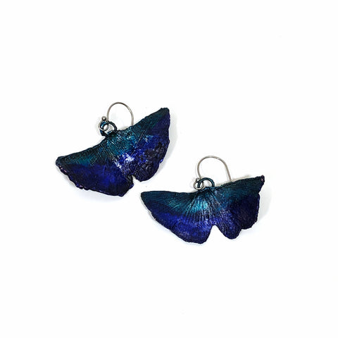 Blue Gingko Earrings, Electroplated