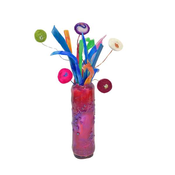 Med. Vase w/ Flowers Red/Purple w/ Beads