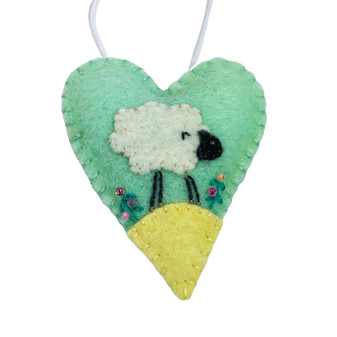 S Beaded Sheep Heart Green Ornament
