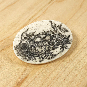 Scrimshaw Bird's Nest Pin, Wide Oval