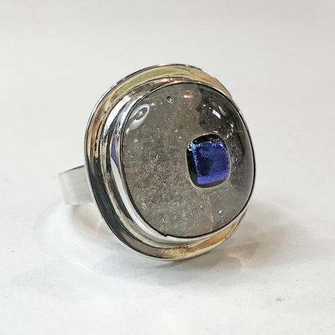 Blue Dot Glass & Sterling Ring Sz. 7