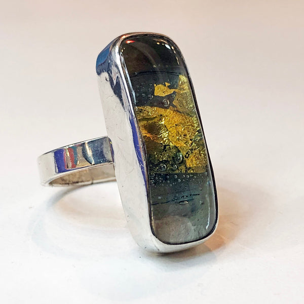 Gold Leaf Glass & Sterling Ring Size 9.5
