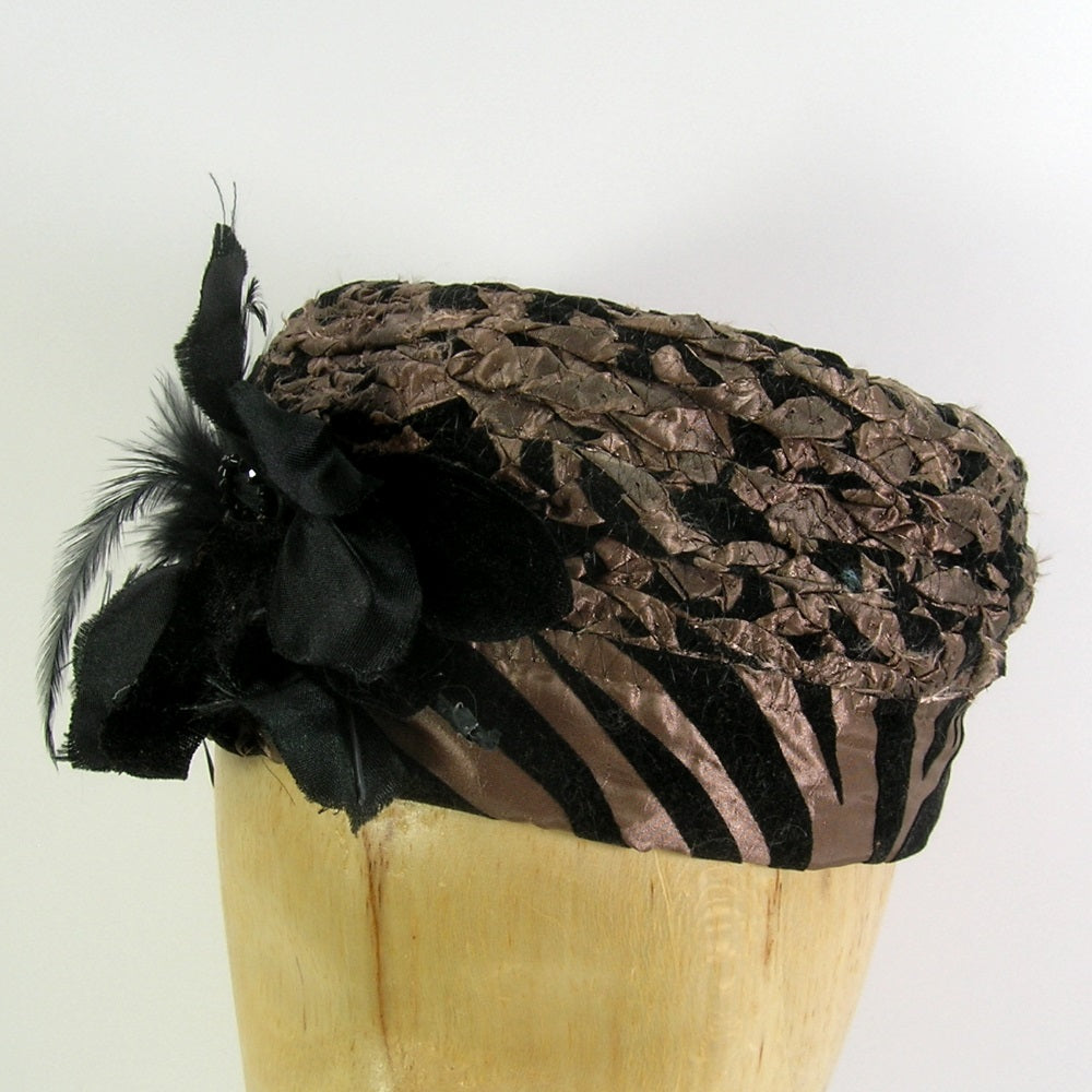 Rag Hat w/ Trim & Flower Bronze & Black